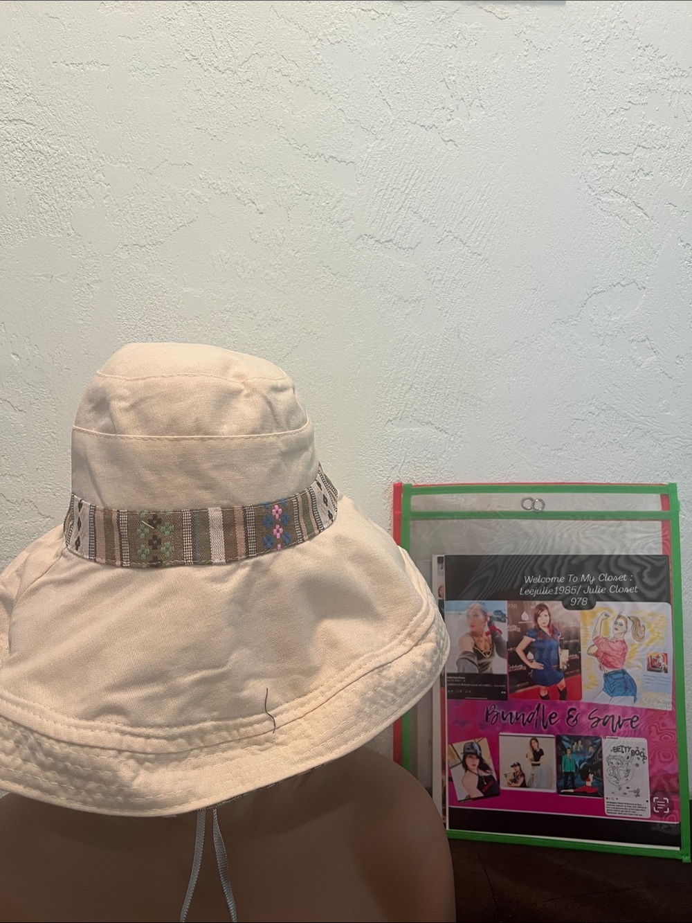 #2349*”6x17” Beige Neutral & Pattern Reversible Sun Hat with Chin Strap - Picture 4 of 17
